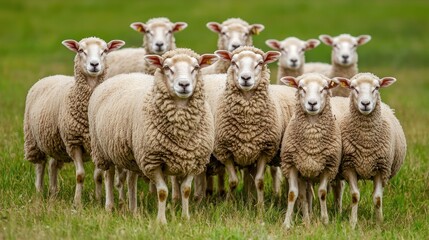 Obraz premium Sheep grazing in a field as a flock moves together.