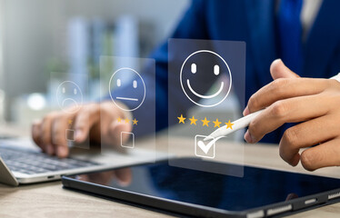 Online customer satisfaction survey, Client giving Five-Star feedback and reviews for quality...