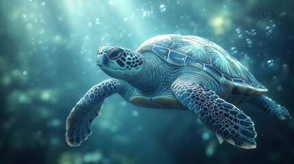 Obraz premium Majestic sea turtle swimming ocean reef, sunlight bokeh background, marine life conservation