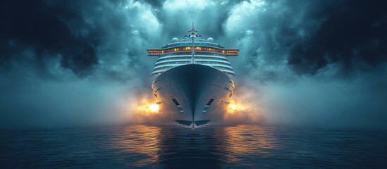 Fototapeta premium Cruise ship sailing stormy ocean, night