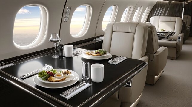 Elegant setting inside a private jet showcases a black table with two refined cups and delicious food, highlighting luxury travel comfort