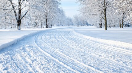 Fototapeta premium Snowy path winding through winter park, bright sunlight, idyllic scene; winter travel poster