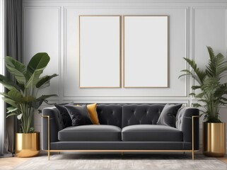 Luxury interior with stylish Steel Gray velvet sofa, wooden commode, mock up poster frame