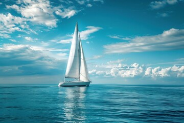 White sailboat sailing in calm blue waters on a sunny summer day with beautiful cloudscape