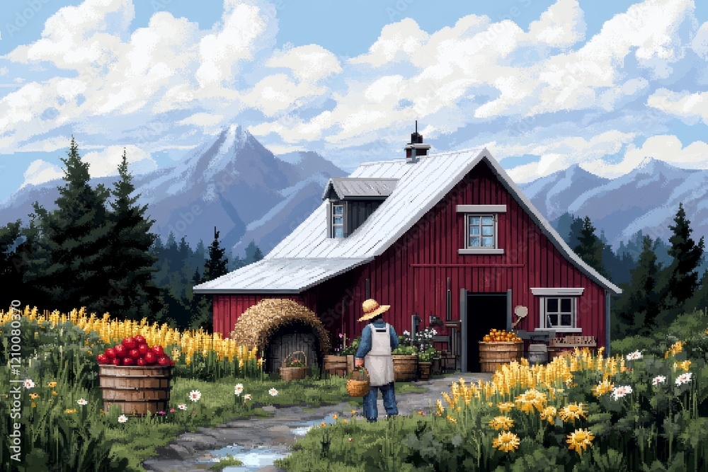 Poster a pixel art representation of a farm worker gathering crops, with animated motions of placing fruits