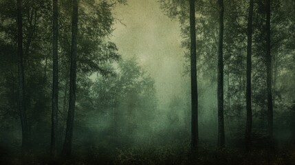 Fototapeta premium Mysterious fog envelops a tranquil forest with rich green textures and tall trees at dusk