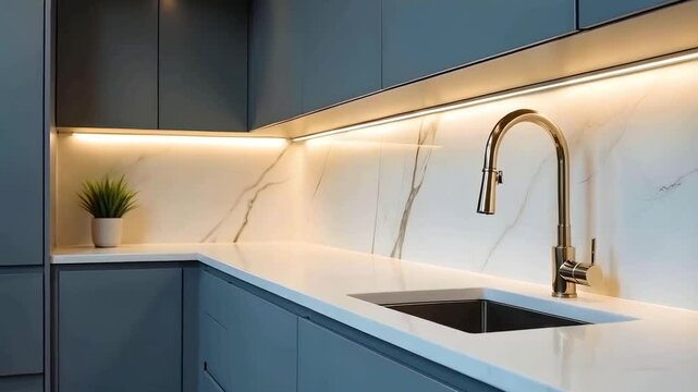 Modern kitchen with sleek blue cabinetry, white marble countertop with gold veining, and a gold tap faucet