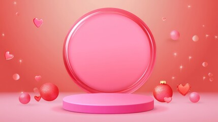 Obraz premium A vibrant pink display platform surrounded by floating hearts and spheres, ideal for showcasing products or celebrations.