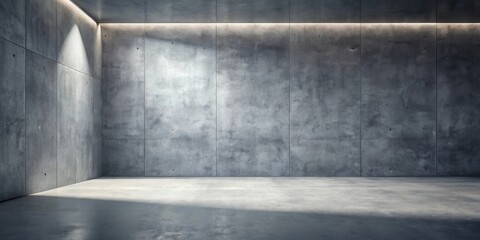 Modern minimalist interior design featuring a spacious room with sleek concrete walls and flooring, illuminated by subtle overhead lighting creating dramatic shadows.