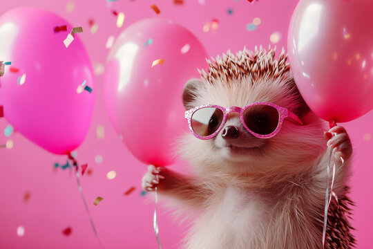 Cute funny adorable hedgehog wearing sunglasses, holding happy birthday balloons against confetti flying around. Pink background banner greeting card.