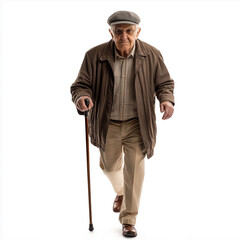Elderly man with a cane walking towards camera isolated on white background