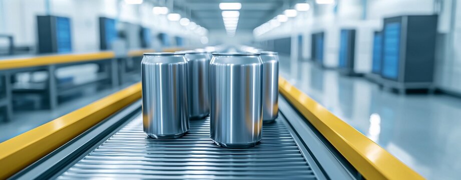 Cans being processed on conveyor belt in beverage manufacturing facility industrial environment close-up view