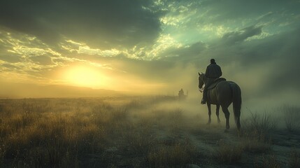 Cowboy rides horse sunset plains dust storm