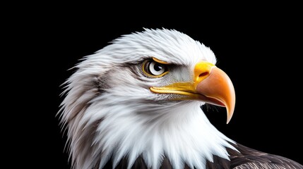 Obraz premium Bald eagle portrait, intense gaze, black background, wildlife photography, nature imagery