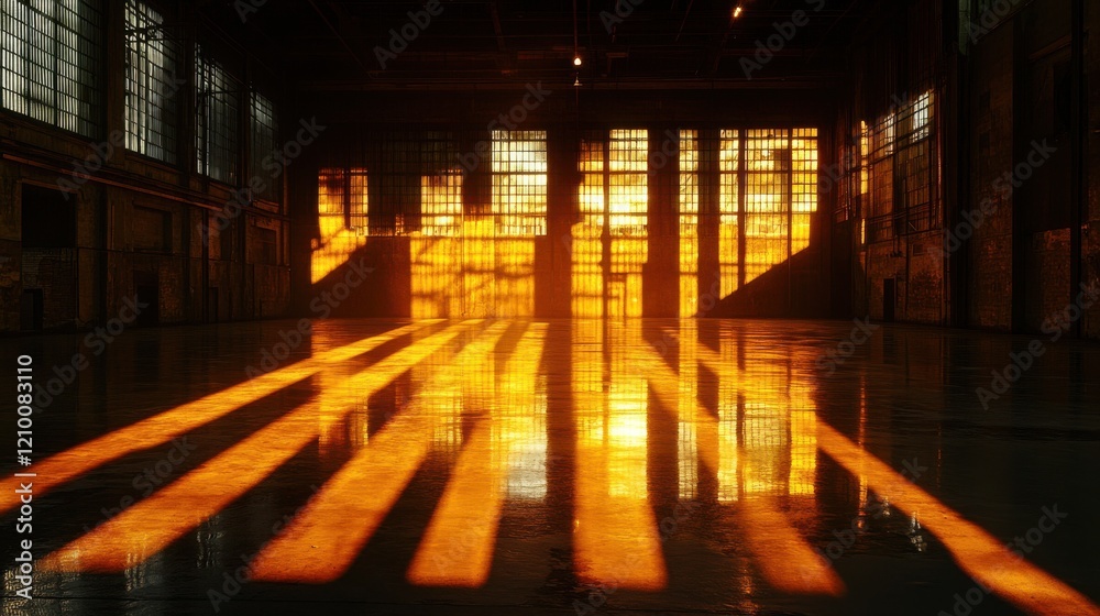 Poster cinematic space with dramatic light patterns illuminating the floor at sunset in an industrial setti