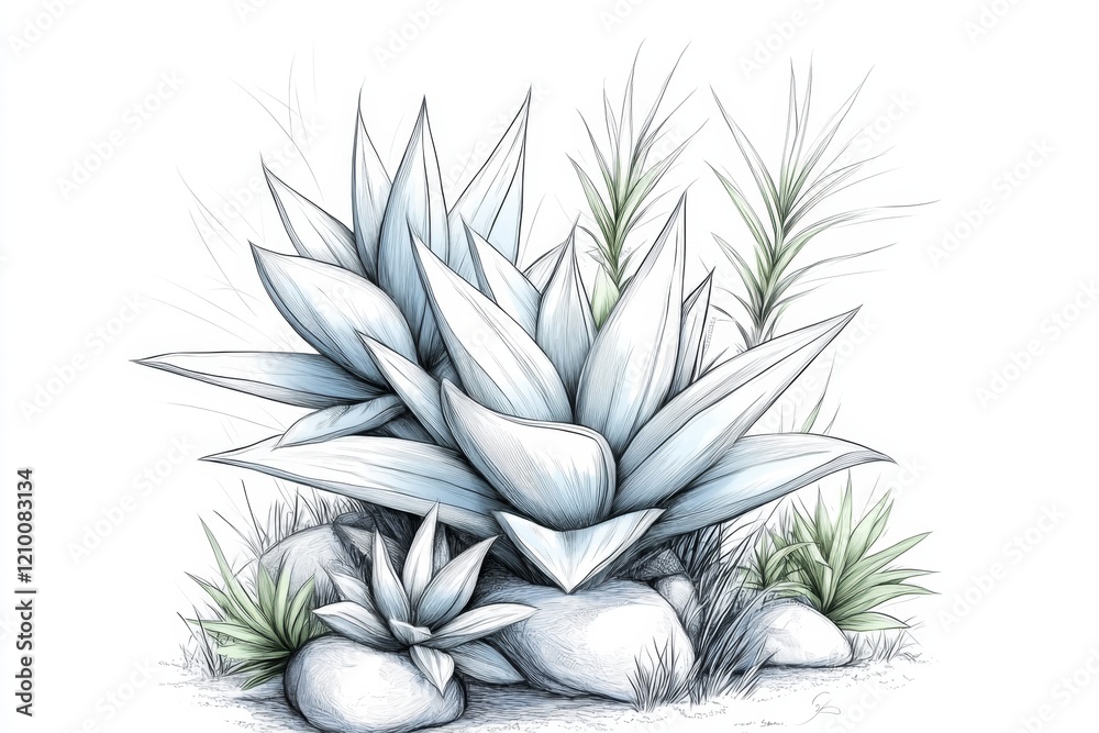 Poster a simple black-and-white line drawing of a yucca tree, with bold, sharp leaves and a clean aesthetic