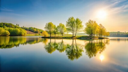 Fototapeta premium Serene Spring Sunrise Over Calm Lake with Lush Green Trees Reflecting in Still Water