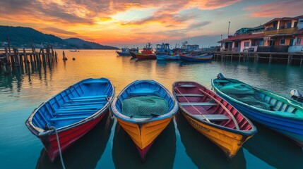 Fototapeta premium Colorful boats lined up at sunset by the shore. The vibrant hues reflect the beauty of nature. A peaceful scene perfect for travel inspiration. Generative AI