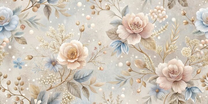 Elegant Pastel Floral Design Featuring Delicate Blooms and Branches, Perfect for Wallpaper, Fabric, or Home Decor