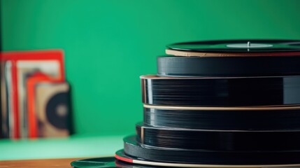 Stack of vinyl records with colorful album covers on a vibrant green background