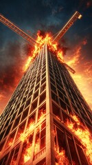 Obraz premium Inferno at skyscraper construction site urban fire disaster dramatic scene dusk high angle perspective