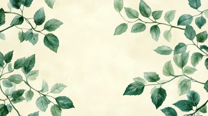 Watercolor Painting of Green Leaves Bordering a Cream Background