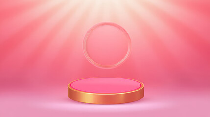 Obraz premium A glowing pedestal with a circular display area, set against a pink background, creating a vibrant and inviting presentation space.