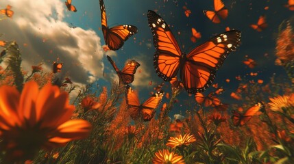 Monarch butterflies soar above orange flowers. Perfect for nature, spring, and freedom themes.