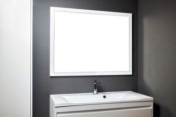 Stand with sink and supplies near dark tiled wall in bathroom with dim lights semi darkness...
