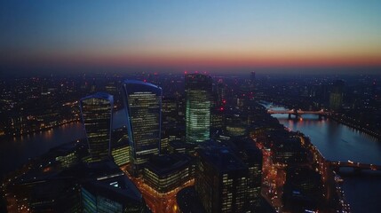 Fototapeta premium Stunning aerial view of a cityscape at twilight. The skyline lights up as day turns to night. A peaceful moment captured in urban life. Generative AI.