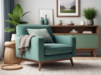 Fototapeta premium Cozy composition of living room interior with Cloudy Blue armchair, Brown pillow, Grass Green sideboard