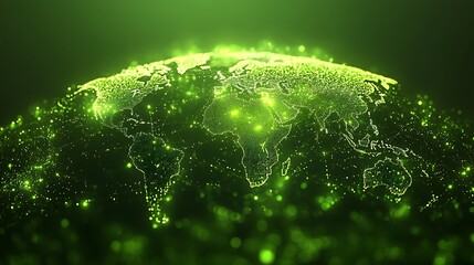 Green Energy Planet: A stylized digital rendering of planet Earth, glowing with vibrant green energy lines, symbolizing global sustainability and interconnectedness. 
