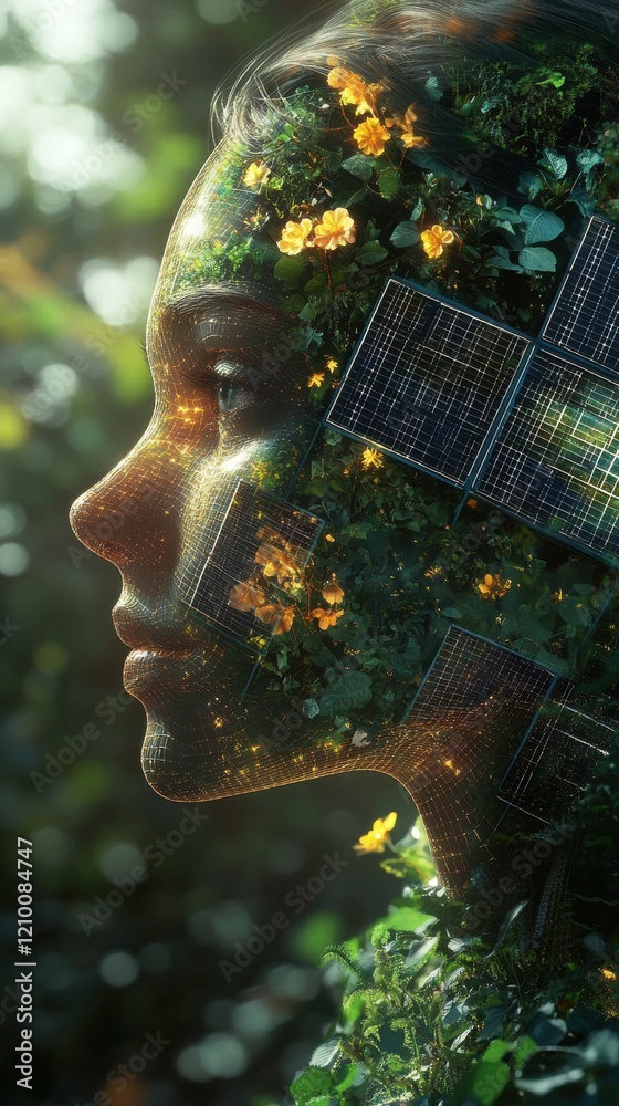 Aufkleber Conceptual visualization of a woman's face blended with nature and technology in a serene environment