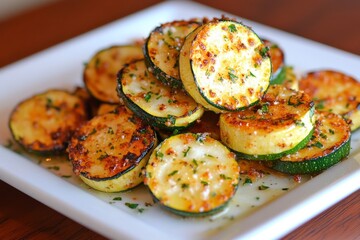 A gourmet plate with roasted zucchini halves seasoned with olive oil, garlic, and parmesan