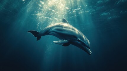 Naklejka premium Dolphin swimming ocean sunlight underwater marine life