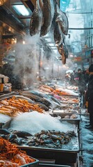 Fresh Seafood Displayed At A Busy Market