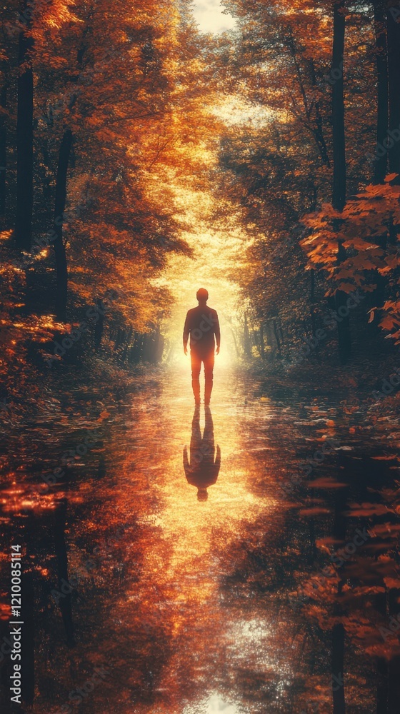 Poster glowing man walking through a reflective autumn forest path illuminated by vibrant foliage