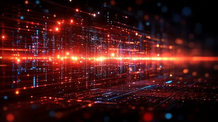 Obraz premium Digital Matrix: Abstract representation of data flow, a vibrant matrix of glowing red and blue lines and particles. A visual metaphor for digital technology, networks, and data streams. 
