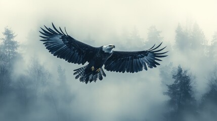 Naklejka premium Majestic eagle soaring, foggy forest, freedom, nature print
