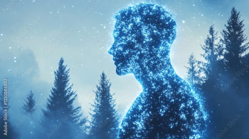 Poster conceptual silhouette of a man illuminated by stars against a forest backdrop at twilight