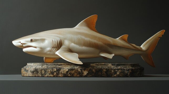 Sand tiger shark carving, studio display, neutral background, wildlife art