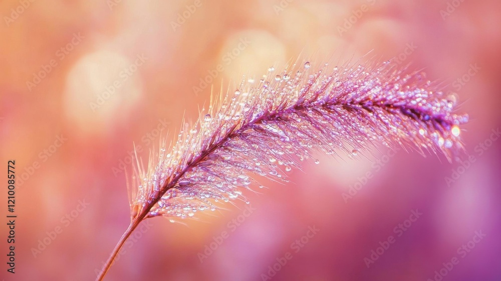 Poster captivating macro view of a single blade of grass adorned with dewdrops against a dreamy blurred bac