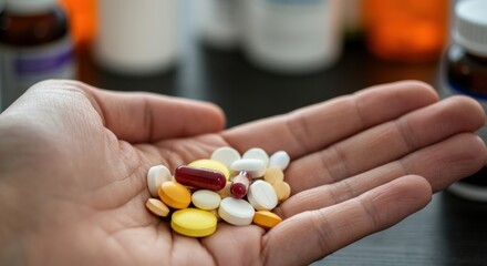 Hand holding a variety of colorful pills and capsules for health