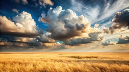 Golden Meadow Under a Dramatic Sky with Puffy Clouds