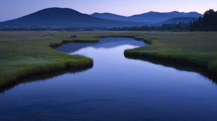 Obraz premium Serene dawn river, mountain landscape, calm water, peaceful background, nature scene