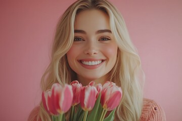 Fototapeta premium Portrait of cheerful young lady with romantic spring bouquet of tulips over pink studio background. Gorgeous blonde enjoying Woman's Day celebration, receiving flowers as special gift