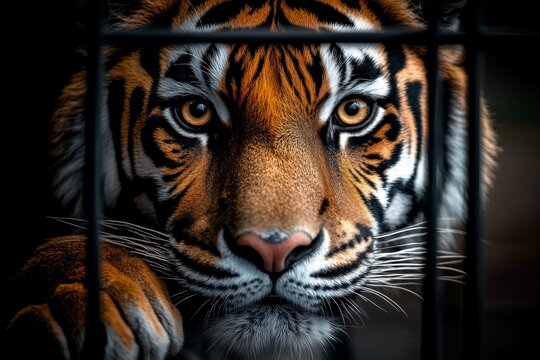 A hyper-realistic close-up of a tiger face behind reinforced glass at a zoo, with every whisker and fur strand visible and a reflection of the visitor hand on the glass