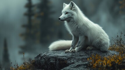Obraz premium Arctic fox perched on mountain rock, foggy forest backdrop, wildlife nature scene