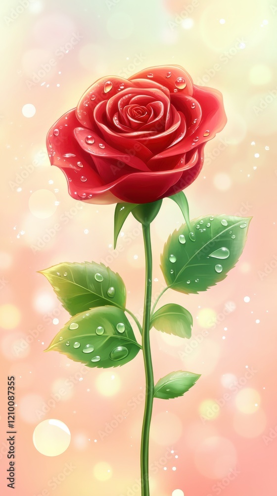 Poster close-up view of a vibrant red rose adorned with dew drops set against a softly blurred background o