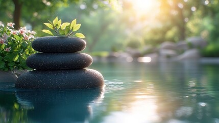 Fototapeta premium Serene garden spa stones sunrise tranquility